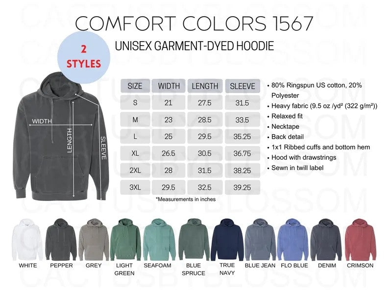 Comfort Colors Garment-Dyed Hooded Sweatshirt - size guide