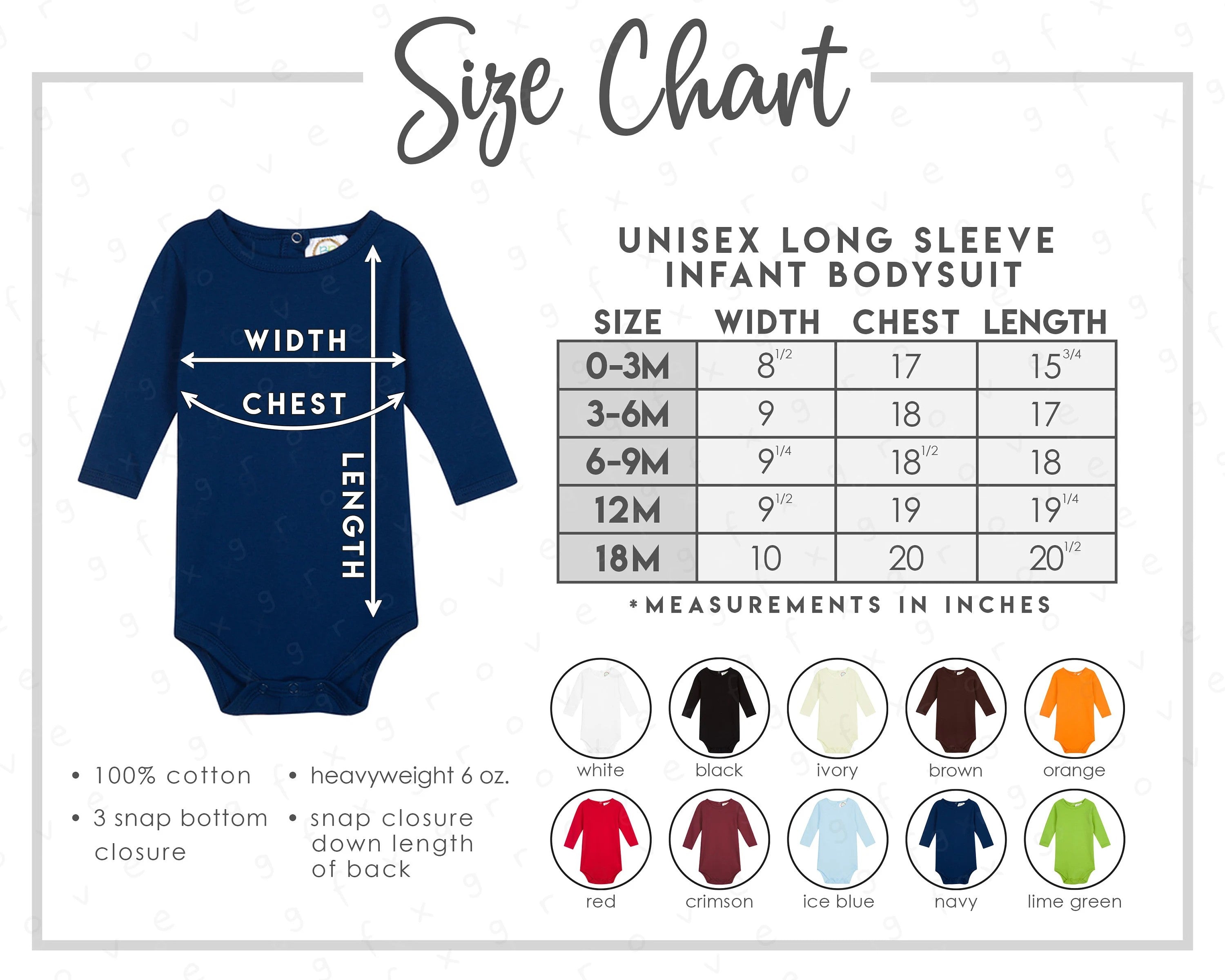 Baby Long Sleeve Bodysuit - size guide