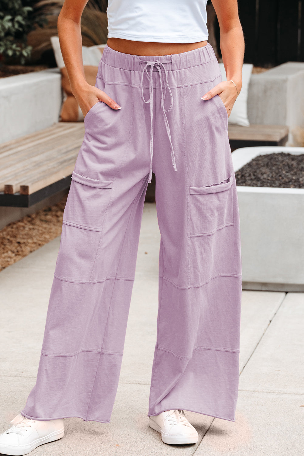 Bonbon Mineral Wash Exposed Seam Drawstring Elastic Waistband Wide Leg Cargo Pants