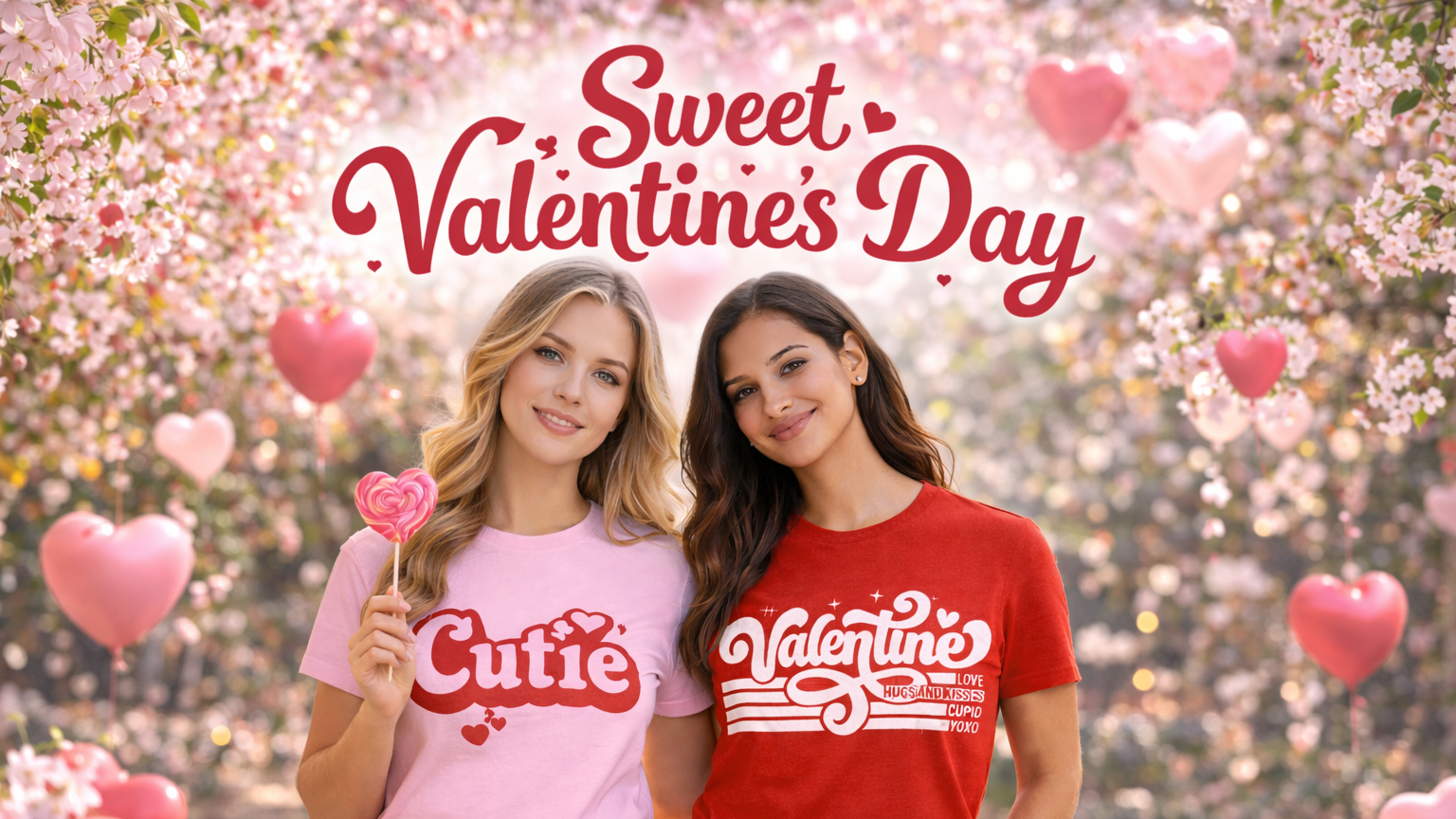 Two women wearing Valentine's Day-themed t-shirts with a decorative background of hearts and flowers.